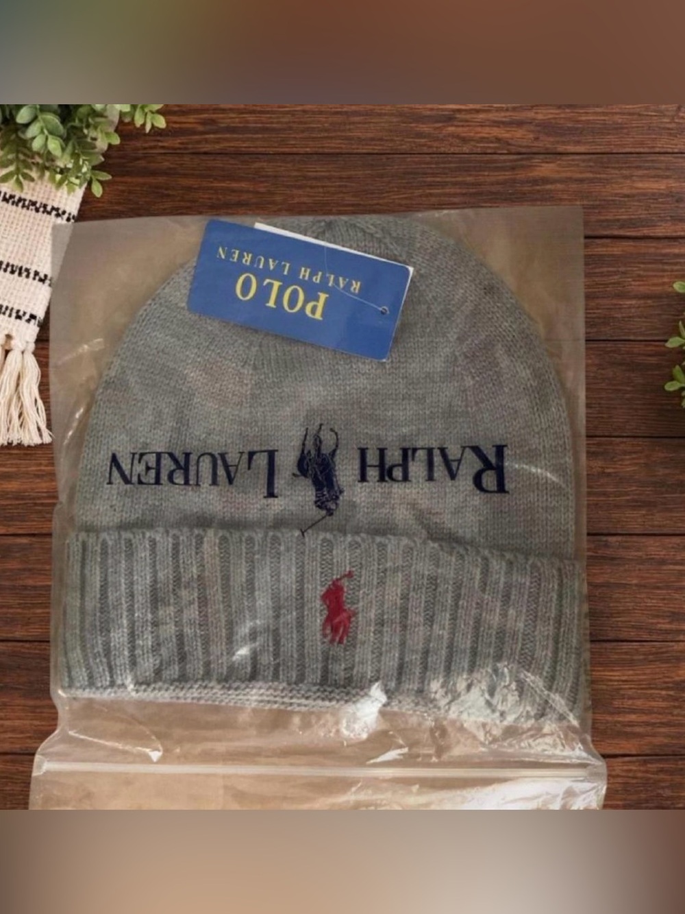 Ralph Lauren Gray woolen Beanie with Red Polo Logo